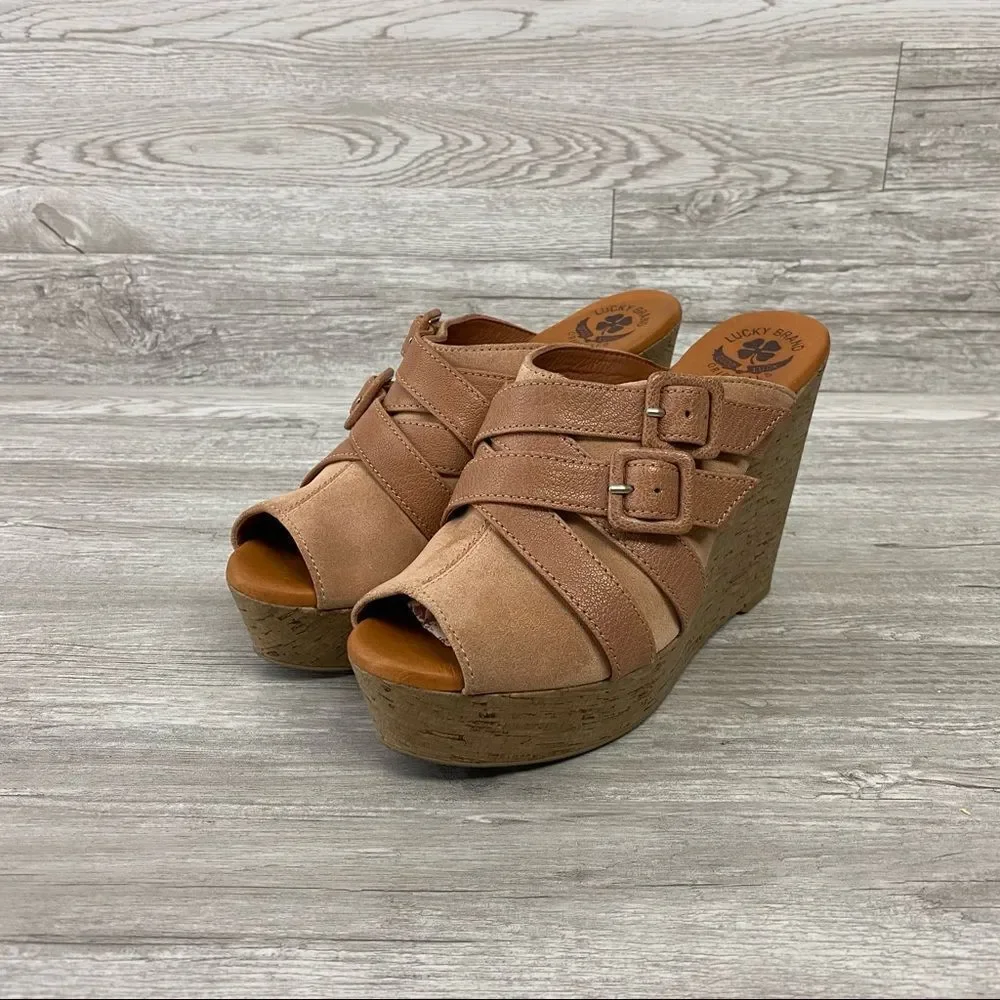Lucky Brand Latrice Buckle Leather Wedge Sandals